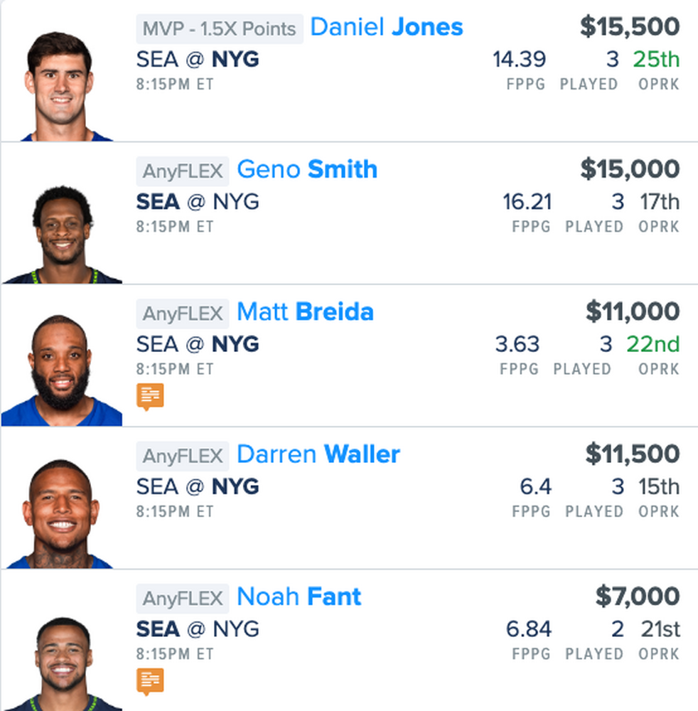 NFL DFS FanDuel SEA vs. NYG Single Game Showdown Lineup, Daily Fantasy ...
