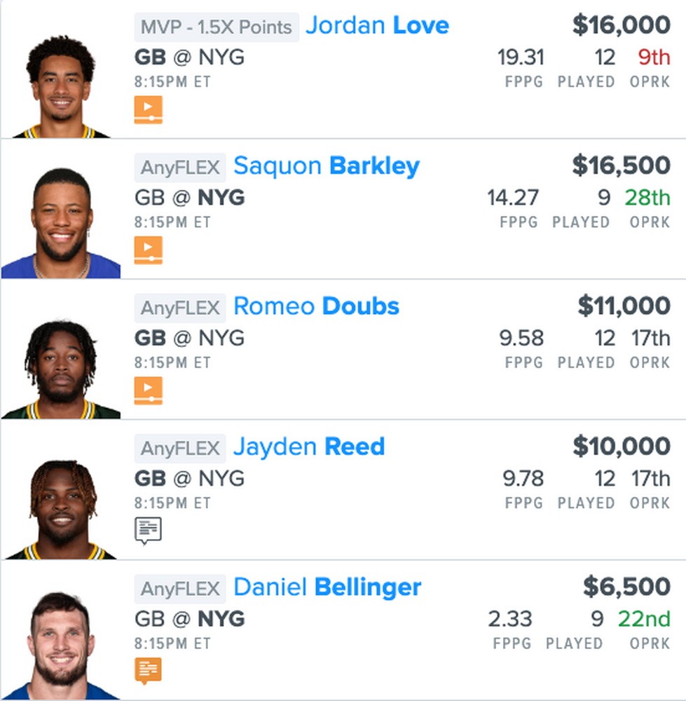 NFL DFS FanDuel GB vs. NYG Single Game Showdown Lineup, Daily Fantasy Football Picks for 1211